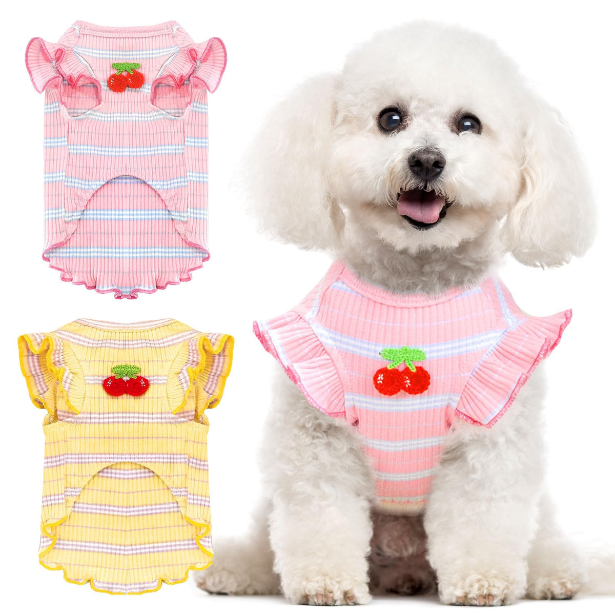 XGDMEIL 2 Pack Striped Small Dog T Shirt Cute Cherry Girl Dog Clothes for Small Dogs Cats Breathable Soft Cotton Pet Puppy Sleeveless Vest Spring Summer Doggy Outfits(Pink+YellowXX-Large)