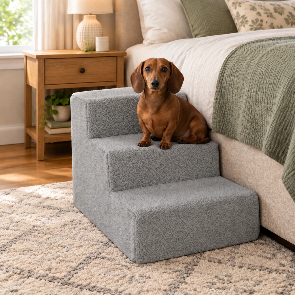 yofit Doggy Steps - Non-Slip 3 Steps Pet Stairs for Cats and Dogs Foldable Plastic with Washable Carpet Holds Up to 50 lbs (Gray)