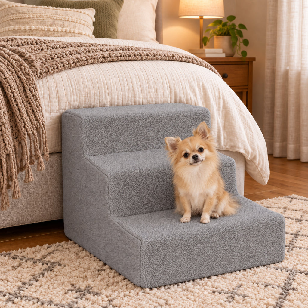yofit Doggy Steps - Non-Slip 3 Steps Pet Stairs for Cats and Dogs Foldable Plastic with Washable Carpet Holds Up to 50 lbs (Gray)