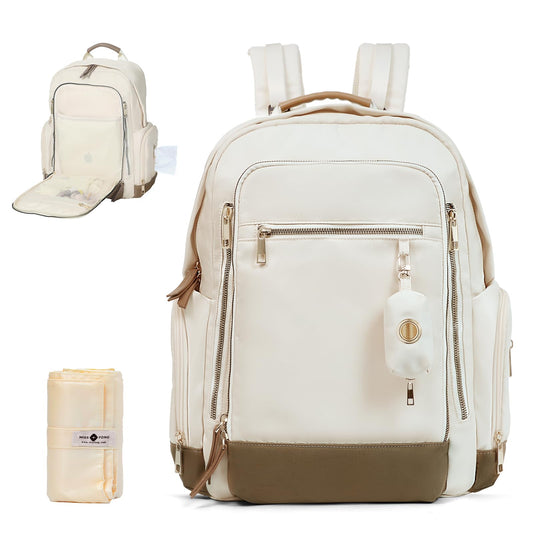 miss fong Diaper Bag Backpack - Baby Diaper Bag with Diaper Bag Dispenser Mommy Bag Diaper Backpack with 16 Pockets Large Capacity Travel Diaper Bag Baby Shower Gifts for Mom & Dad-Off-White